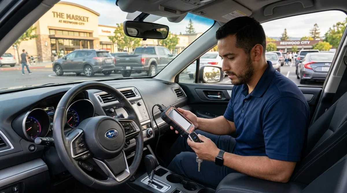 Automotive locksmith programming car key in Redwood City
