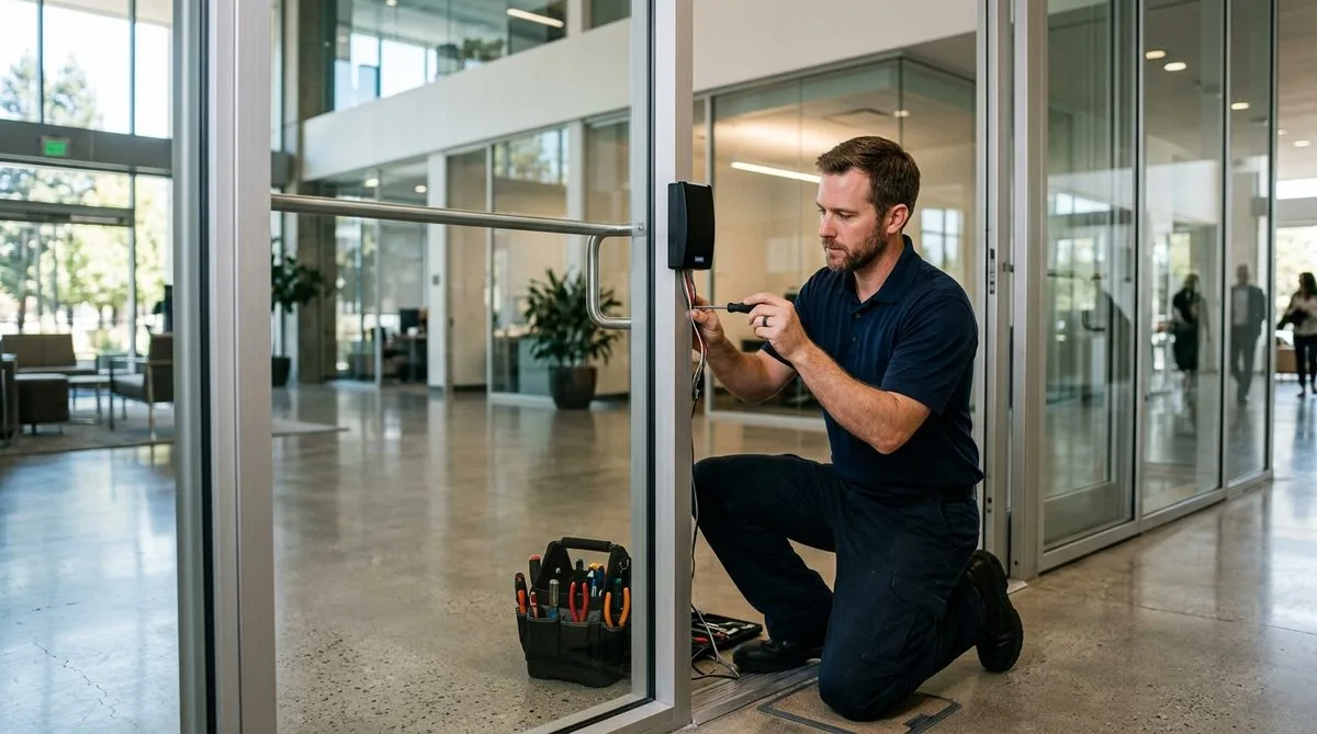 Locksmith installing access control on office door in San Mateo County