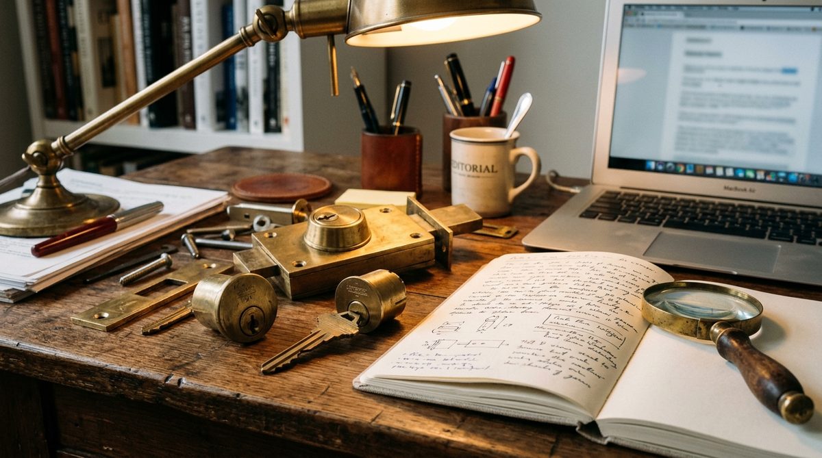 Editorial research desk with lock hardware samples