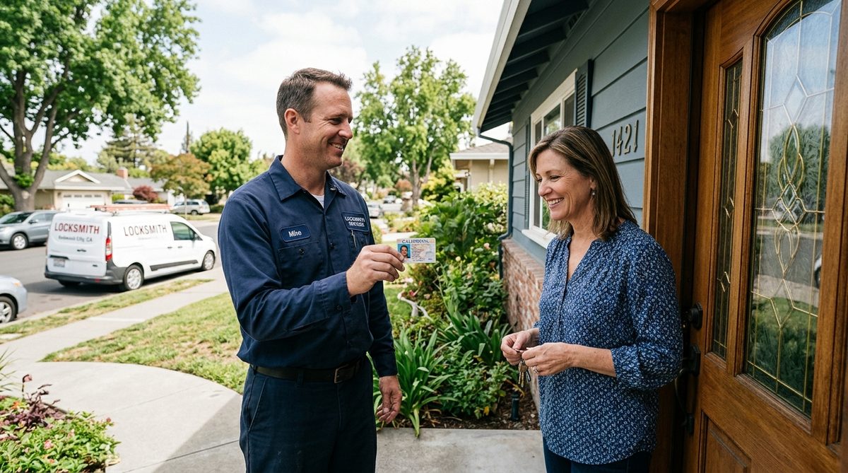 Locksmith showing BSIS license to Redwood City homeowner