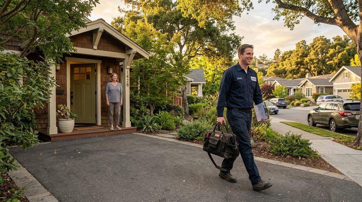 Locksmith arriving at Redwood City home with professional tool bag