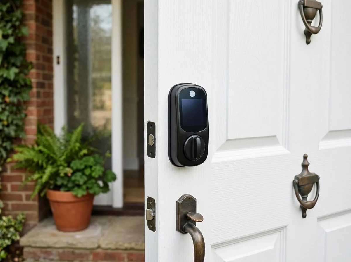 Smart lock keypad installed on residential door