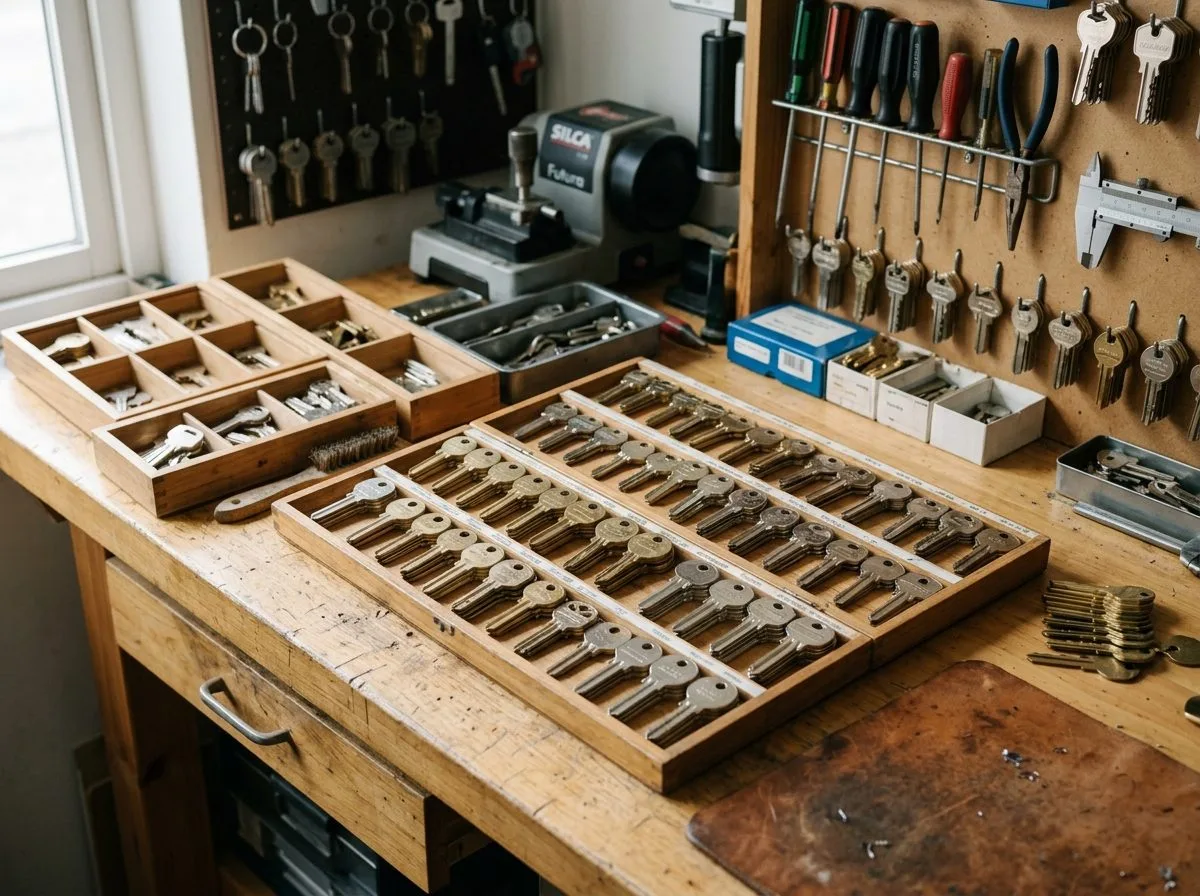 Key blanks and locksmith keys on workshop bench